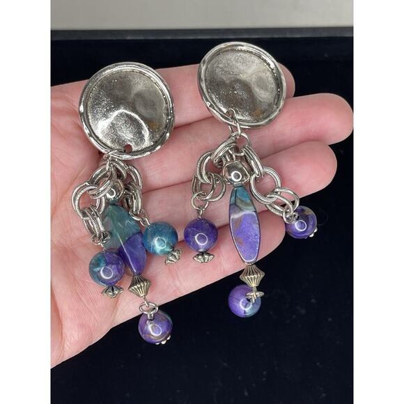 Vintage 80s Statement Silver & Beaded Teardrop Earrings Clip On Boho Western - Picture 2 of 5